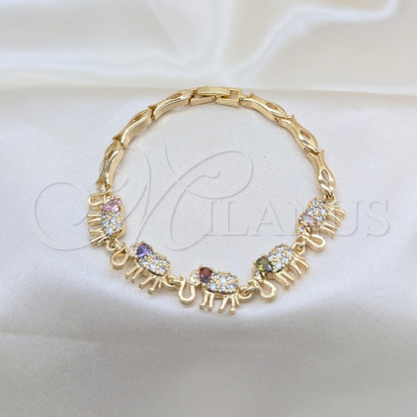 Pulsera Elegante 03.316.0031.4.07 Oro Laminado, Diseño de Elefante y Pescado, con Zirconia Cubica Multicolor y Blanca, Pulido, Tono Dorado (Grosor 05 MM, 7 Pulgadas de Largo)