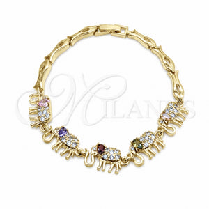 Pulsera Elegante 03.316.0031.4.07 Oro Laminado, Diseño de Elefante y Pescado, con Zirconia Cubica Multicolor y Blanca, Pulido, Tono Dorado (Grosor 05 MM, 7 Pulgadas de Largo)
