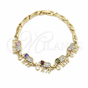 Pulsera Elegante 03.316.0031.4.07 Oro Laminado, Diseño de Elefante y Pescado, con Zirconia Cubica Multicolor y Blanca, Pulido, Tono Dorado (Grosor 05 MM, 7 Pulgadas de Largo)