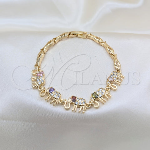 Pulsera Elegante 03.316.0031.4.07 Oro Laminado, Diseño de Elefante y Pescado, con Zirconia Cubica Multicolor y Blanca, Pulido, Tono Dorado (Grosor 05 MM, 7 Pulgadas de Largo)