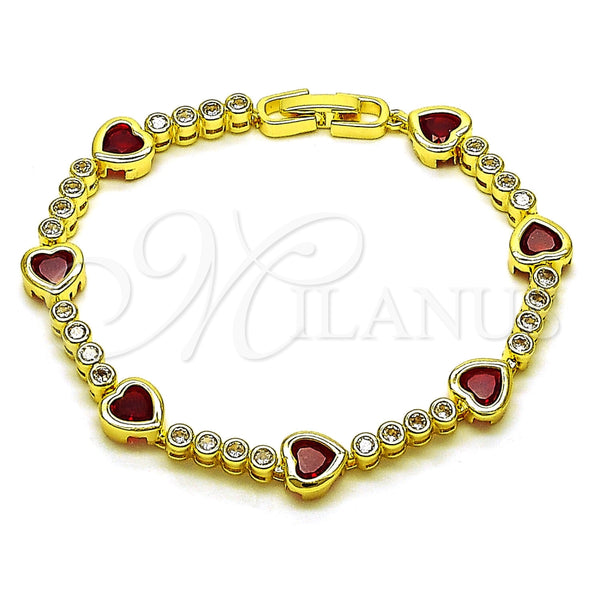 Pulsera Tennis 03.284.0066.1.07 Oro Laminado, Diseño de Corazón, con Zirconia Cubica Granate y Blanca, Pulido, Tono Dorado (Grosor 08.2 MM, 8 Pulgadas de Largo)