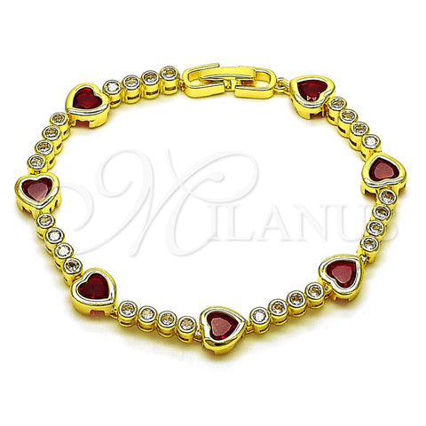 Pulsera Tennis 03.284.0066.1.07 Oro Laminado, Diseño de Corazón, con Zirconia Cubica Granate y Blanca, Pulido, Tono Dorado (Grosor 08.2 MM, 8 Pulgadas de Largo)