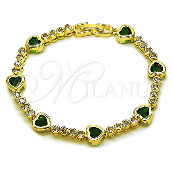Pulsera Tennis 03.284.0066.2.07 Oro Laminado, Diseño de Corazón, con Zirconia Cubica Verde y Blanca, Pulido, Tono Dorado (Grosor 08.2 MM, 8 Pulgadas de Largo)