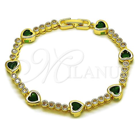 Pulsera Tennis 03.284.0066.2.07 Oro Laminado, Diseño de Corazón, con Zirconia Cubica Verde y Blanca, Pulido, Tono Dorado (Grosor 08.2 MM, 8 Pulgadas de Largo)