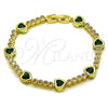 Pulsera Tennis 03.284.0066.2.07 Oro Laminado, Diseño de Corazón, con Zirconia Cubica Verde y Blanca, Pulido, Tono Dorado (Grosor 08.2 MM, 8 Pulgadas de Largo)