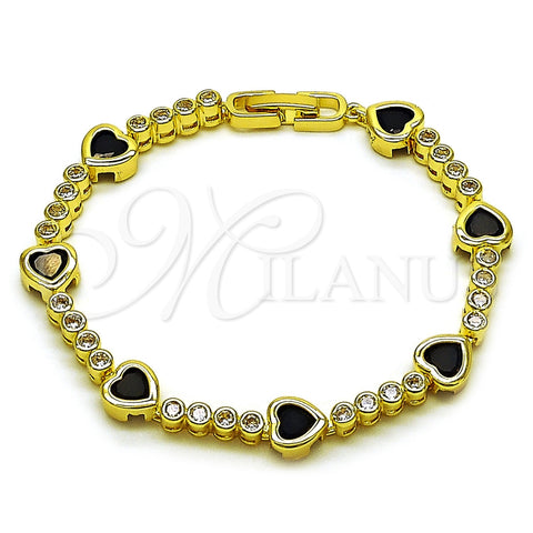 Pulsera Tennis 03.284.0066.4.07 Oro Laminado, Diseño de Corazón, con Zirconia Cubica Negro y Blanca, Pulido, Tono Dorado (Grosor 08.2 MM, 8 Pulgadas de Largo)