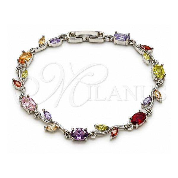 Pulsera Tennis 03.283.0579.1.07 Oro Laminado Blanco, Diseño de Oja, con Zirconia Cubica Multicolor, Pulido, Rodinado (Grosor 08.5 MM, 7 Pulgadas de Largo)