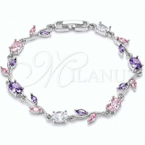 Pulsera Tennis 03.283.0579.2.07 Rodio Laminado, Diseño de Flor, con Zirconia Cubica Amatista y Rosado, Pulido, Rodinado (Grosor 08.5 MM, 7 Pulgadas de Largo)