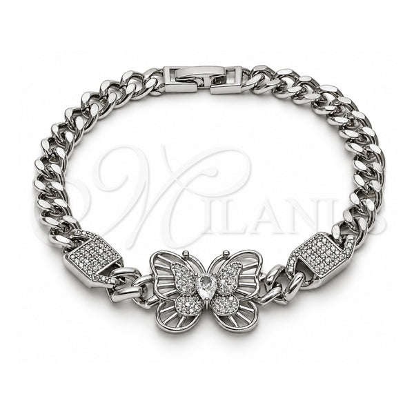 Pulsera Elegante 03.283.0586.07 Oro Laminado Blanco, Diseño de Mariposa y Puff Mariner, con Zirconia Cubica Blanca y Micro Pave Blanca, Pulido, Rodinado (Grosor 06.5 MM, 8 Pulgadas de Largo)