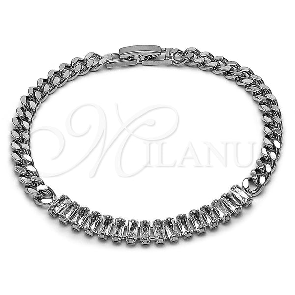 Pulsera Elegante 03.283.0093.2.07 Rodio Laminado, Diseño de Baguette y Miami Cubana, con Zirconia Cubica Blanca, Pulido, Rodinado (Grosor 05 MM, 7 Pulgadas de Largo)