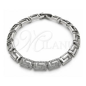 Pulsera Elegante 03.283.0056.1.07 Oro Laminado Blanco, Diseño de Llave Griega, con Micro Pave Blanca, Pulido, Rodinado (Grosor 07.4 MM, 8 Pulgadas de Largo)
