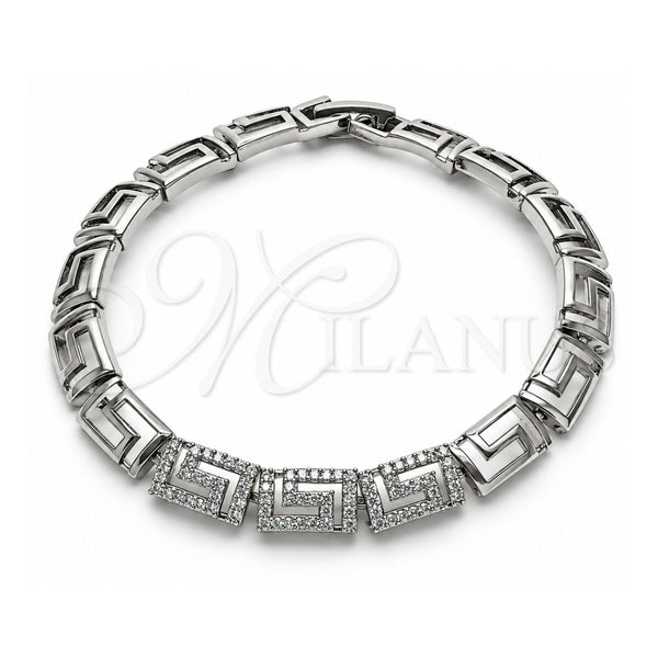 Pulsera Elegante 03.283.0056.1.07 Oro Laminado Blanco, Diseño de Llave Griega, con Micro Pave Blanca, Pulido, Rodinado (Grosor 07.4 MM, 8 Pulgadas de Largo)