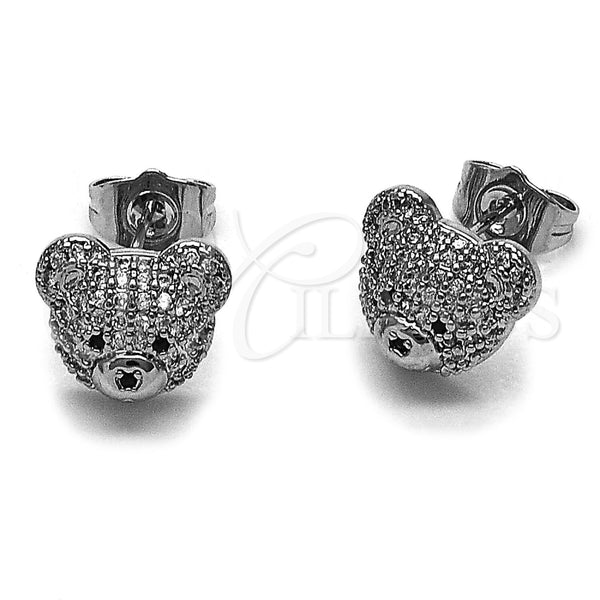 Arete Dormilona 02.341.0146.1 Rodio Laminado, Diseño de Osito, con Micro Pave Blanca, Pulido, Rodinado