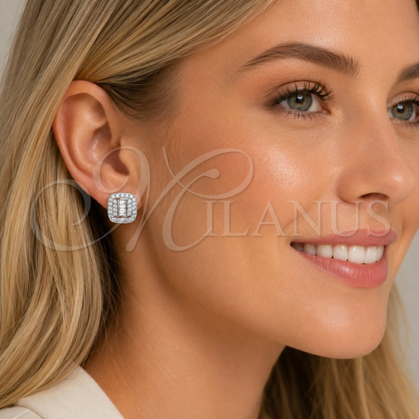 Arete Dormilona 02.283.0422 Rodio Laminado, Diseño de Baguette, con Zirconia Cubica Blanca, Pulido, Rodinado