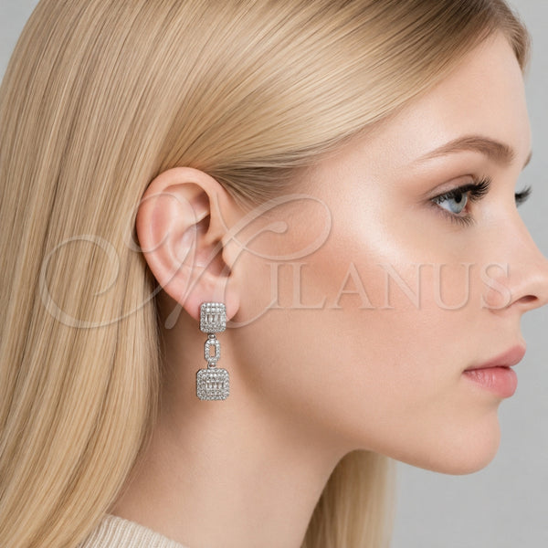 Arete Largo 02.346.0024 Rodio Laminado, Diseño de Cluster y Baguette, con Zirconia Cubica Blanca y Micro Pave Blanca, Pulido, Rodinado