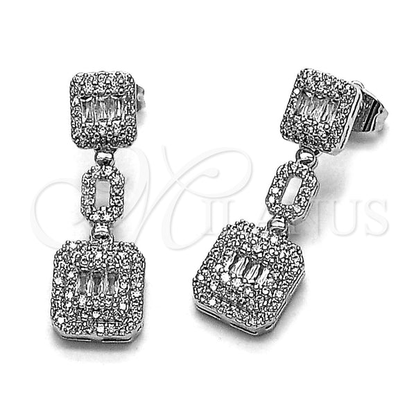 Arete Largo 02.346.0024 Rodio Laminado, Diseño de Cluster y Baguette, con Zirconia Cubica Blanca y Micro Pave Blanca, Pulido, Rodinado