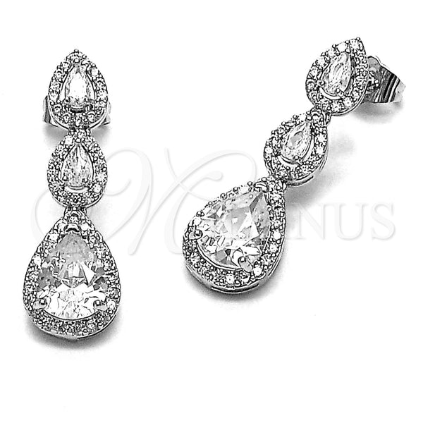 Arete Largo 02.346.0025 Rodio Laminado, Diseño de Gota y Cluster, con Zirconia Cubica Blanca y Micro Pave Blanca, Pulido, Rodinado