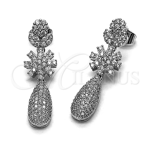Arete Largo 02.346.0026 Rodio Laminado, Diseño de Flor y Gota, con Zirconia Cubica Blanca y Micro Pave Blanca, Pulido, Rodinado