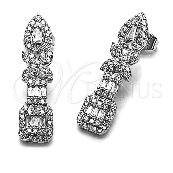 Arete Largo 02.346.0027 Rodio Laminado, Diseño de Flor y Cluster, con Zirconia Cubica Blanca y Micro Pave Blanca, Pulido, Rodinado