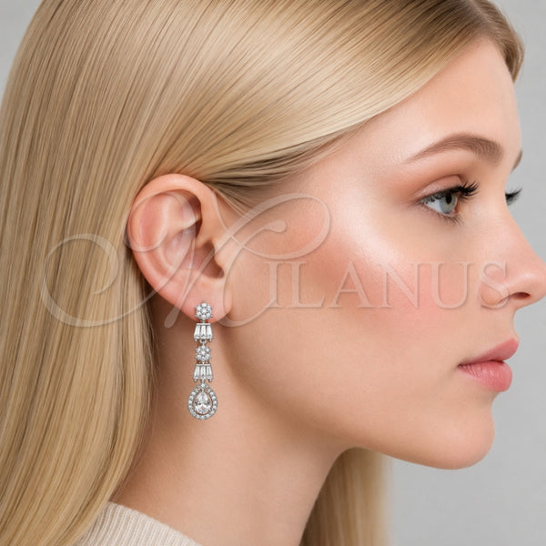 Arete Largo 02.346.0028 Rodio Laminado, Diseño de Gota y Baguette, con Zirconia Cubica Blanca y Micro Pave Blanca, Pulido, Rodinado
