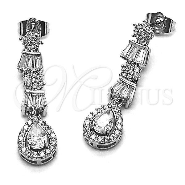 Arete Largo 02.346.0028 Rodio Laminado, Diseño de Gota y Baguette, con Zirconia Cubica Blanca y Micro Pave Blanca, Pulido, Rodinado