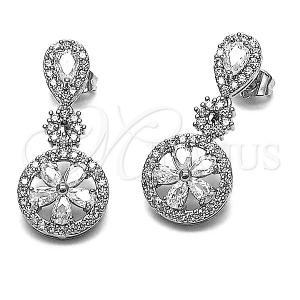 Arete Largo 02.346.0029 Rodio Laminado, Diseño de Flor y Gota, con Zirconia Cubica Blanca y Micro Pave Blanca, Pulido, Rodinado