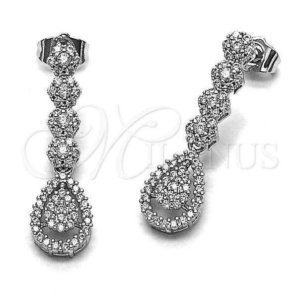Arete Largo 02.346.0030 Rodio Laminado, Diseño de Gota y Flor, con Zirconia Cubica Blanca, Pulido, Rodinado