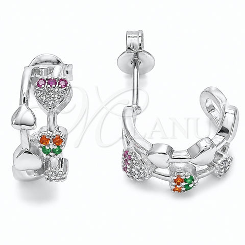 Argolla Pequeña 02.310.0121.12 Rodio Laminado, Diseño de Corazón y Paperclip, con Micro Pave Multicolor, Pulido, Rodinado