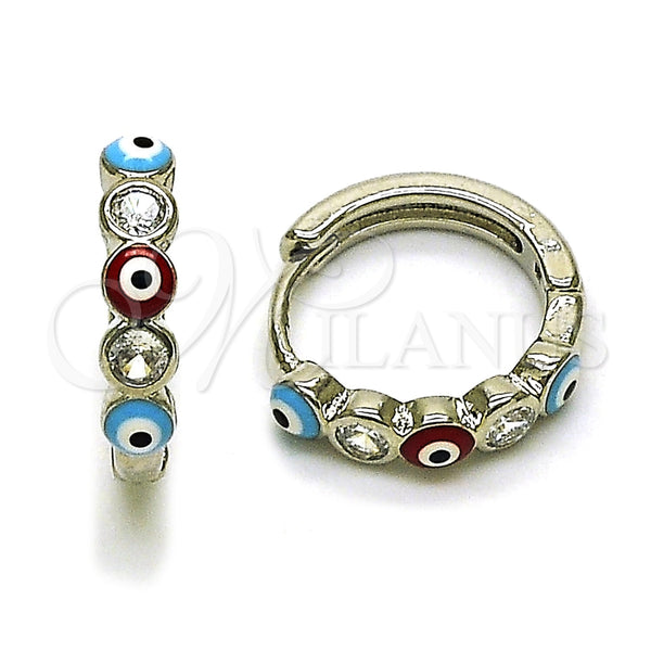 Argolla Huggie 02.310.0126.15 Rodio Laminado, Diseño de Ojo Griego, con Zirconia Cubica Blanca, Esmaltado Multicolor, Rodinado
