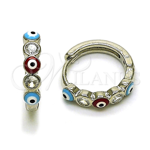 Argolla Huggie 02.310.0126.15 Rodio Laminado, Diseño de Ojo Griego, con Zirconia Cubica Blanca, Esmaltado Multicolor, Rodinado