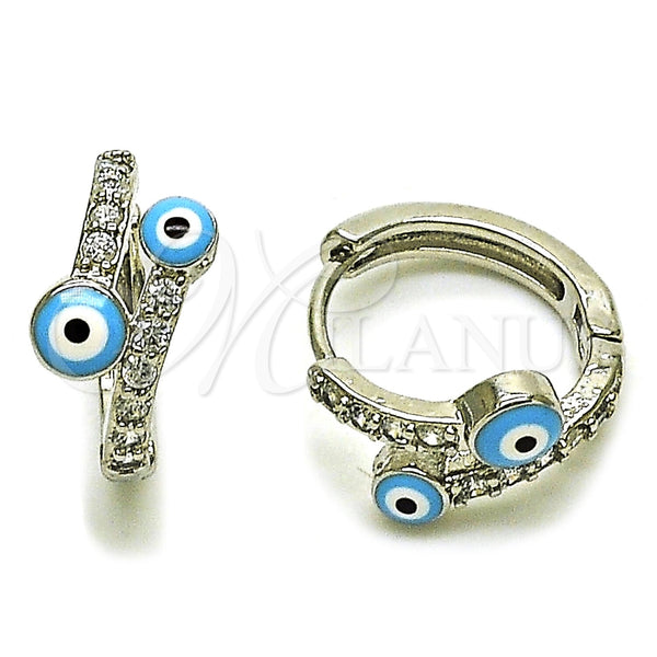 Argolla Huggie 02.310.0129.15 Rodio Laminado, Diseño de Ojo Griego, con Zirconia Cubica Blanca, Esmaltado Azul claro, Rodinado