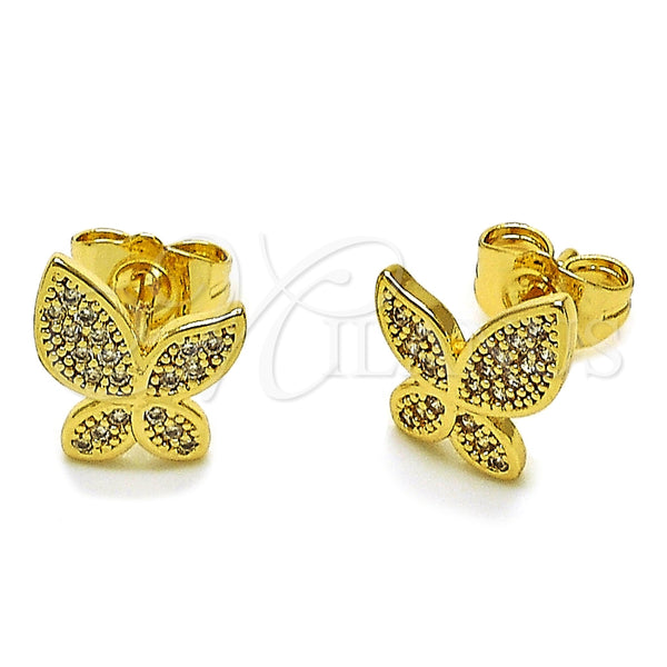 Arete Dormilona 02.100.0132 Oro Laminado, Diseño de Mariposa, con Micro Pave Blanca, Pulido, Tono Dorado