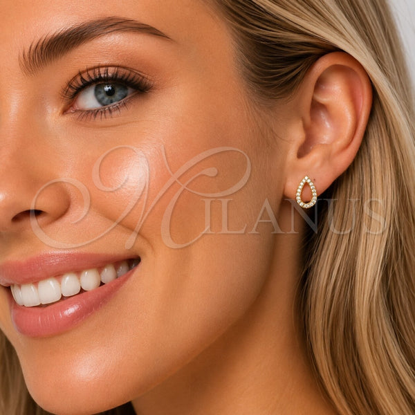 Arete Dormilona 02.100.0143 Oro Laminado, Diseño de Gota, con Micro Pave Blanca, Pulido, Tono Dorado