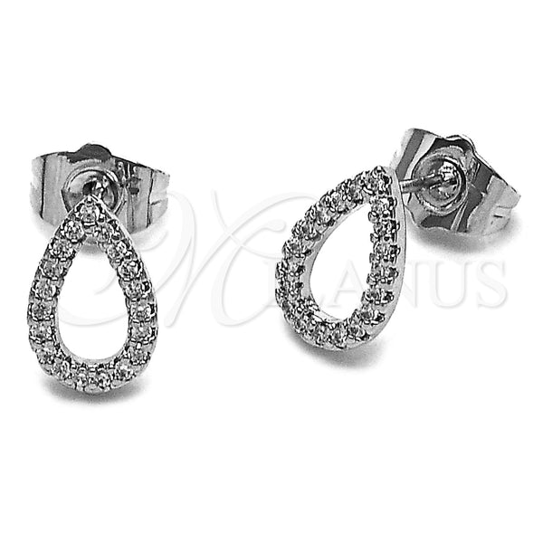 Arete Dormilona 02.100.0143.1 Rodio Laminado, Diseño de Gota, con Micro Pave Blanca, Pulido, Rodinado