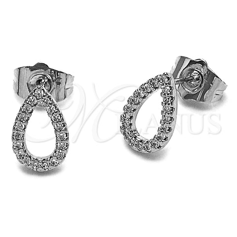 Arete Dormilona 02.100.0143.1 Rodio Laminado, Diseño de Gota, con Micro Pave Blanca, Pulido, Rodinado