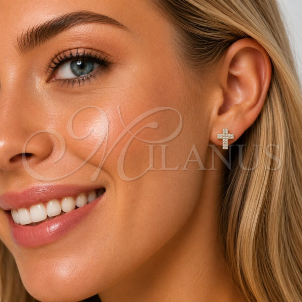Arete Dormilona 02.100.0144 Oro Laminado, Diseño de Cruz, con Micro Pave Blanca, Pulido, Tono Dorado