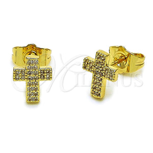 Arete Dormilona 02.100.0144 Oro Laminado, Diseño de Cruz, con Micro Pave Blanca, Pulido, Tono Dorado