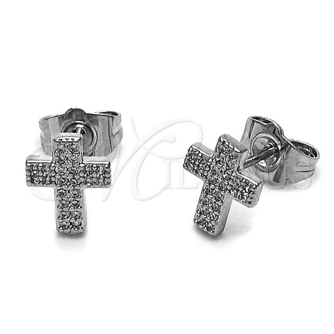 Arete Dormilona 02.100.0144.1 Rodio Laminado, Diseño de Cruz, con Micro Pave Blanca, Pulido, Rodinado