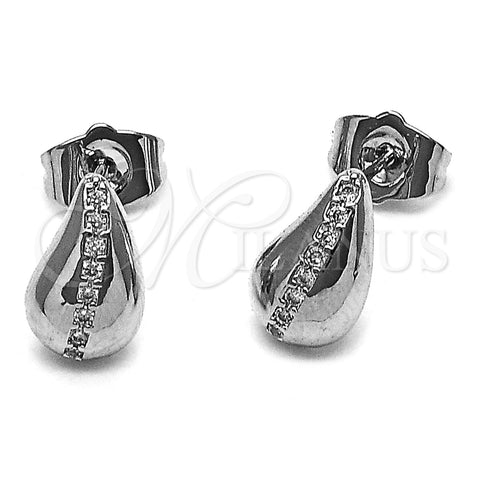 Arete Dormilona 02.266.0091 Rodio Laminado, Diseño de Gota, con Micro Pave Blanca, Pulido, Rodinado