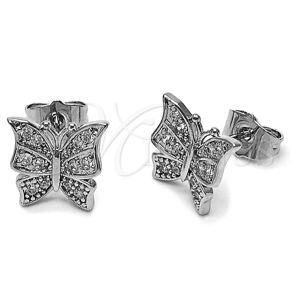 Arete Dormilona 02.266.0092 Rodio Laminado, Diseño de Mariposa, con Zirconia Cubica Blanca, Pulido, Rodinado