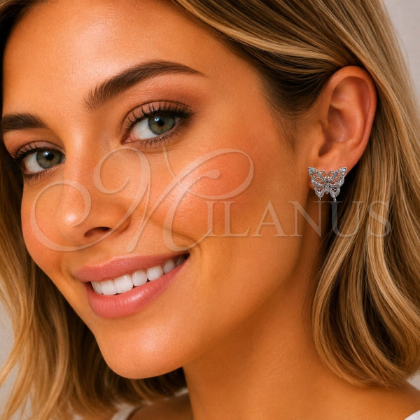 Arete Dormilona 02.266.0095 Rodio Laminado, Diseño de Mariposa, con Micro Pave Blanca y Zirconia Cubica Blanca, Pulido, Rodinado