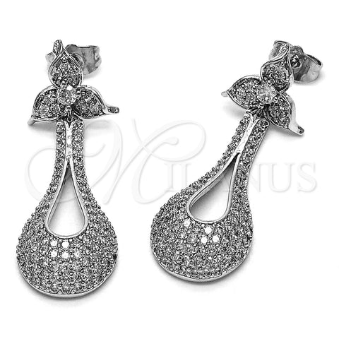 Arete Colgante 02.266.0096 Rodio Laminado, Diseño de Gota y Flor, con Zirconia Cubica Blanca, Pulido, Rodinado