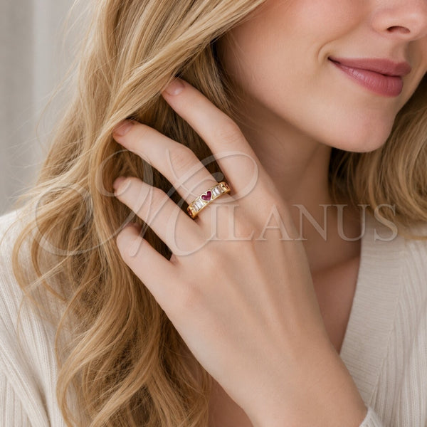 Anillo Multi Piedra 01.266.0109 Oro Laminado, Diseño de Corazón y Baguette, con Zirconia Cubica Rubi y Blanca, Pulido, Tono Dorado (Talla Unica)
