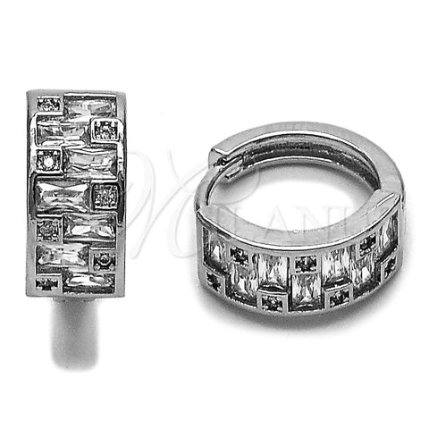 Argolla Huggie 02.266.0109.15 Rodio Laminado, Diseño de Baguette, con Zirconia Cubica Blanca y Micro Pave Blanca, Pulido, Rodinado