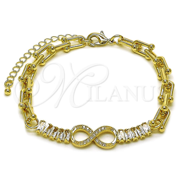 Pulsera Elegante 03.266.0078.08 Oro Laminado, Diseño de Infinito y Baguette, con Zirconia Cubica Blanca, Pulido, Tono Dorado (Grosor 07 MM, 8 Pulgadas de Largo)