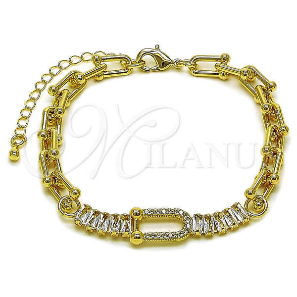 Pulsera Elegante 03.266.0079.07 Oro Laminado, Diseño de Baguette, con Zirconia Cubica Blanca y Micro Pave Blanca, Pulido, Tono Dorado (Grosor 07 MM, 8 Pulgadas de Largo)