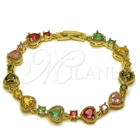 Pulsera Tennis 03.266.0083.1.08 Oro Laminado, Diseño de Corazón, con Zirconia Cubica Multicolor, Pulido, Tono Dorado (Grosor 09 MM, 8 Pulgadas de Largo)