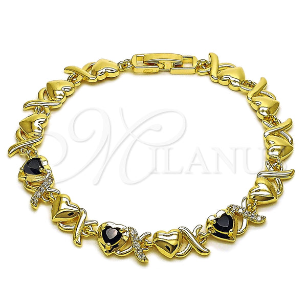Pulsera Elegante 03.266.0058.1.07 Oro Laminado, Diseño de Besos y Abrazos y Corazón, con Zirconia Cubica Negro y Blanca, Pulido, Tono Dorado (Grosor 08.3 MM, 8 Pulgadas de Largo)