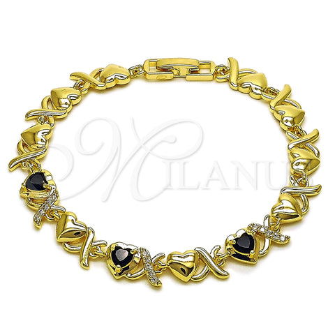 Pulsera Elegante 03.266.0058.1.07 Oro Laminado, Diseño de Besos y Abrazos y Corazón, con Zirconia Cubica Negro y Blanca, Pulido, Tono Dorado (Grosor 08.3 MM, 8 Pulgadas de Largo)