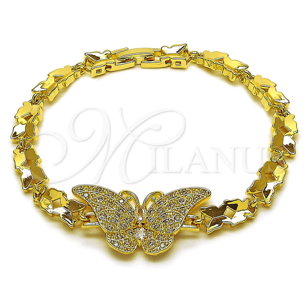 Pulsera Elegante 03.266.0085.08 Oro Laminado, Diseño de Mariposa, con Zirconia Cubica Blanca, Pulido, Tono Dorado (Grosor 06.5 MM, 8 Pulgadas de Largo)